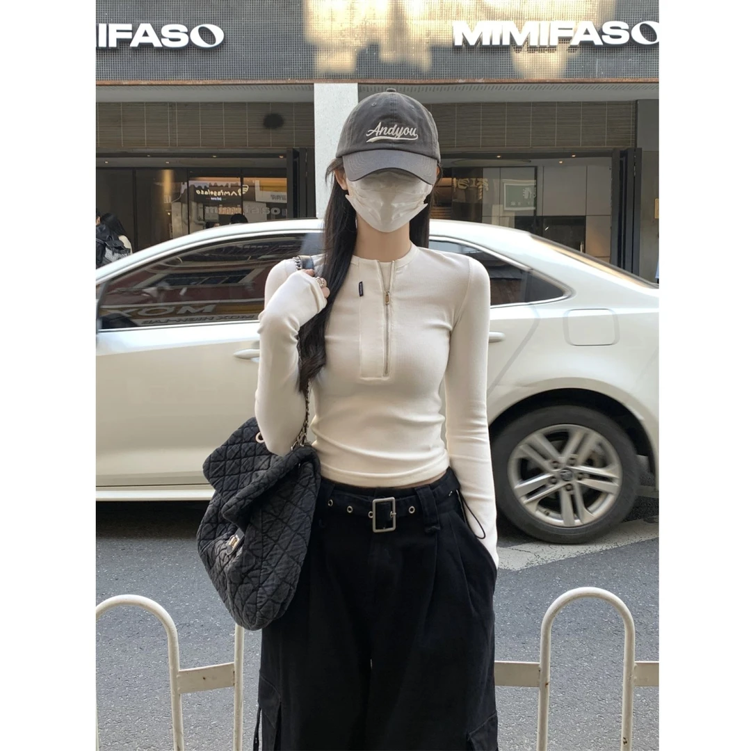 设计感半拉链正肩长袖t恤女2024早秋辣妹紧身内搭打底衫短款上衣
