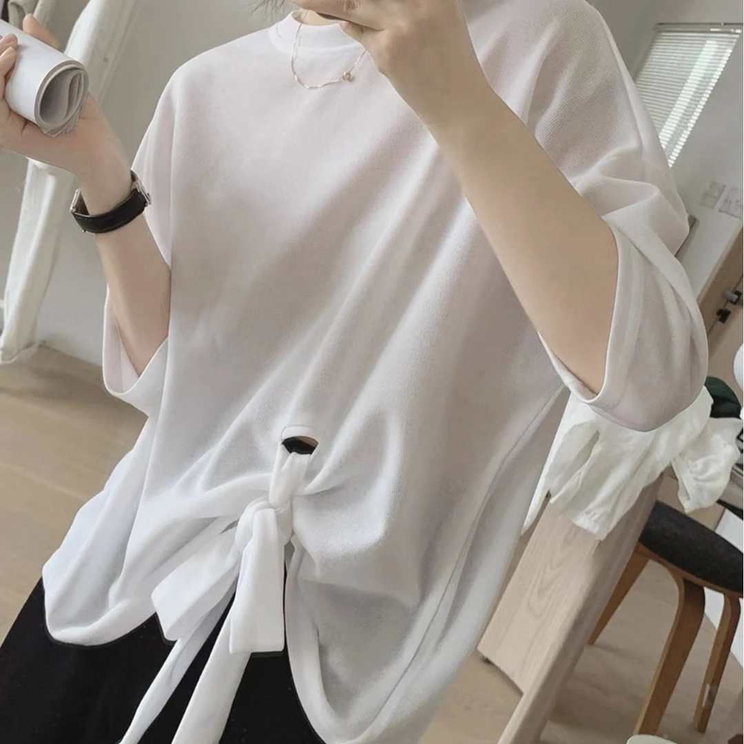 大码系带女士t恤女2025夏装新款蝴蝶结上衣宽松显瘦休闲胖mm女装