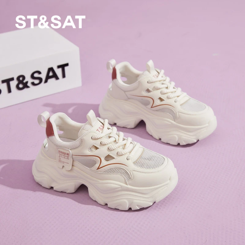 星期六镂空薄款老爹鞋女2025夏季新款网面透气厚底百搭运动休闲鞋