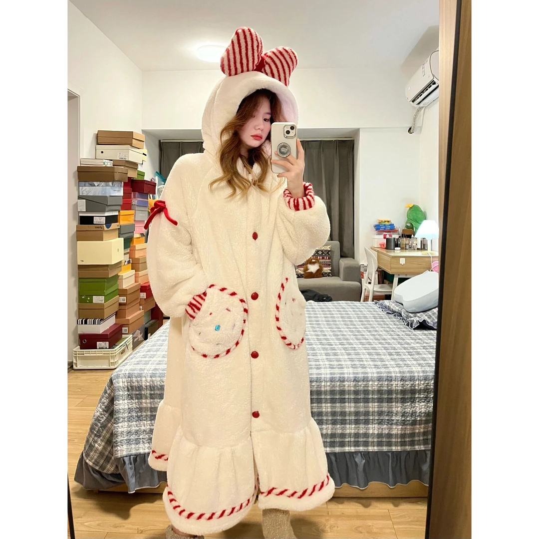 甜美公主可爱少女珊瑚绒睡裙女款冬季加绒连帽睡衣毛绒家居服遛弯