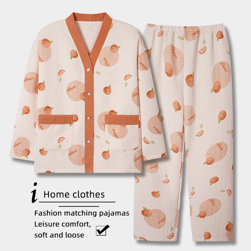 空气棉无领睡衣女加厚纯棉夹层锁温家居服妈妈秋冬季老人60-70岁