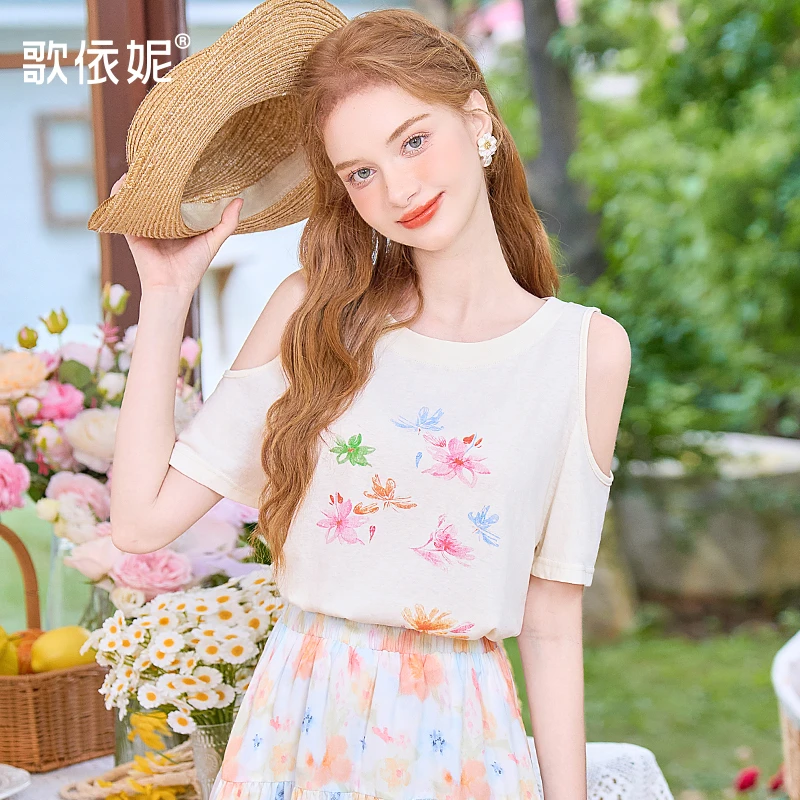 歌依妮夏季新款女甜美宽松休闲小个子露肩休闲轻薄短袖T恤上衣