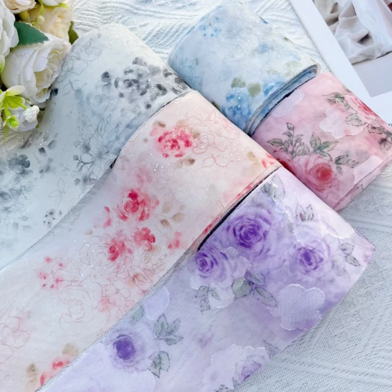 玖阁家8厘米/12厘米雪纺烫银提花玫瑰DIY发饰头饰丝带蝴蝶结材料