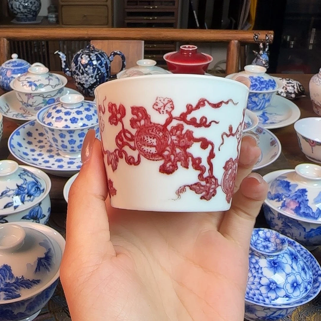 釉里红点工西瓜直筒杯手绘