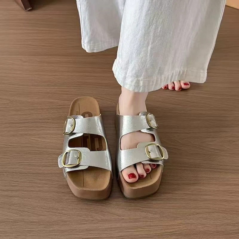 皮带扣胶粘鞋拼色厚底夏季一字拖女鞋百搭赫本风6570-7#