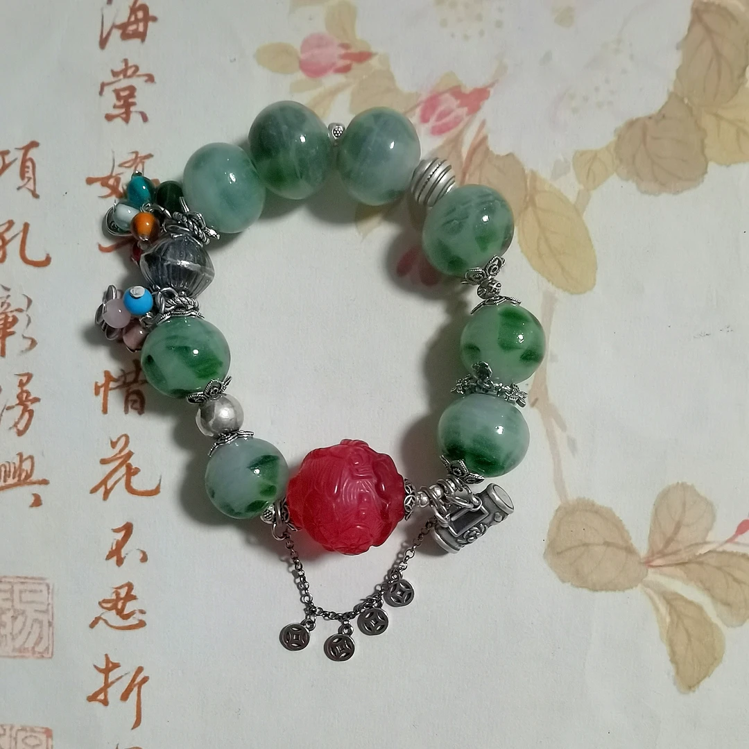 老琉璃百搭绿色925银饰手串（5043001）