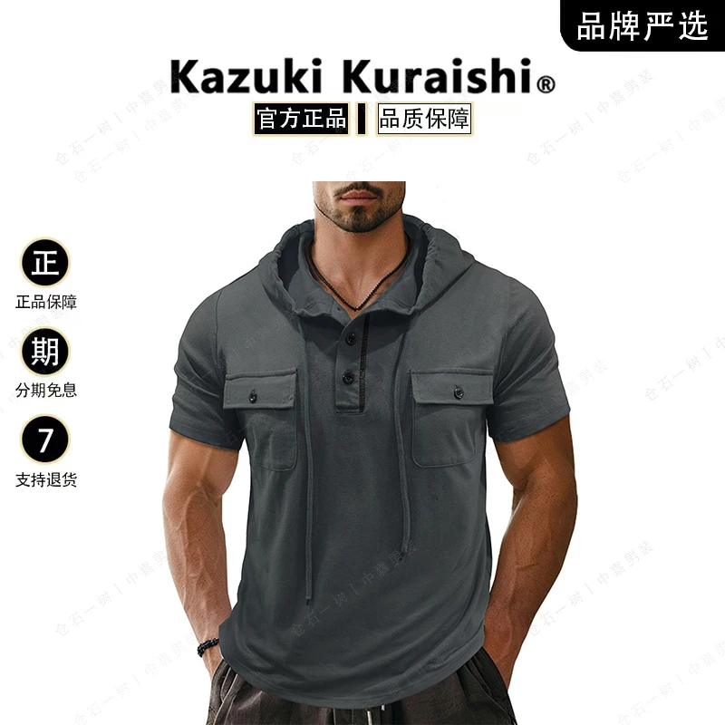 仓石一树男装户外双口袋帽绳短袖亨利休闲连帽上衣T恤男款衬衫