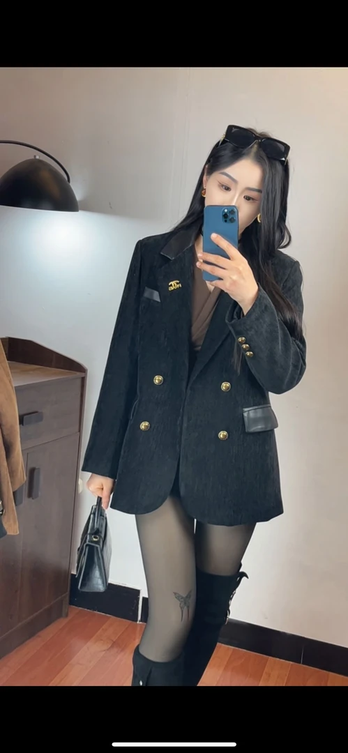 《小缘儿定制》珠地雪妮尔拼接小众设计时尚休闲加棉西装   送腰带