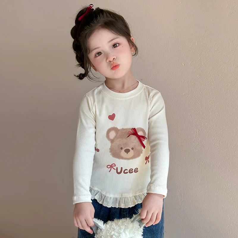 女童秋季时尚洋气儿童新款卡通可爱小熊蝴蝶结印花休闲花边打底衫