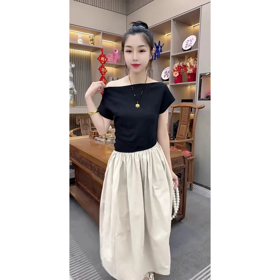 夏季新款时尚气质一字领露肩拼接撞色裙摆假两件连衣裙