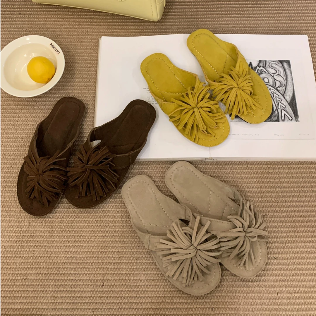 新款真皮流苏人字拖平跟休闲女款夏季软底舒适百搭小众平底凉拖鞋