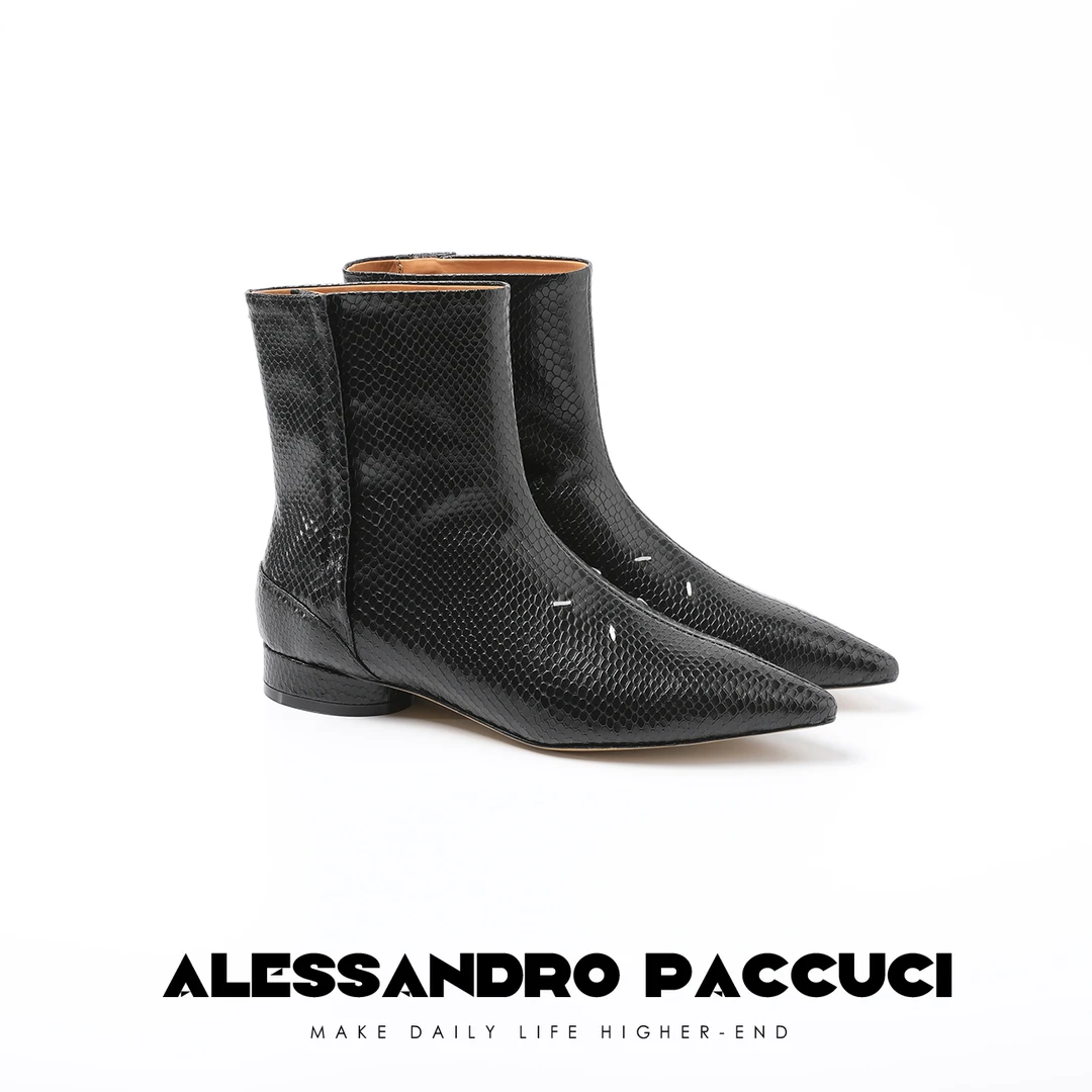 AP洛哥21288 X牛皮仿蛇纹尖头时装短靴时尚气质简约低跟高帮鞋