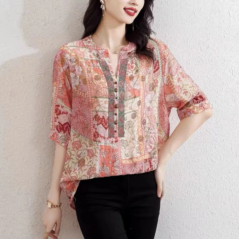 静姐 欧货剪刀领花纹中式中袖百搭上衣25215