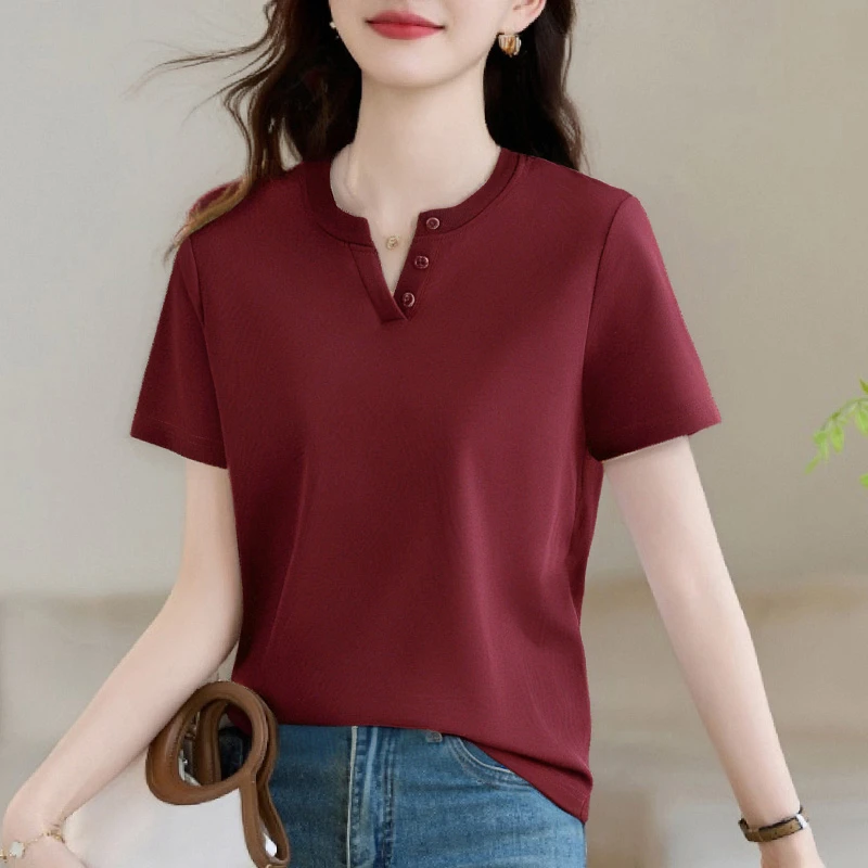 洋气V领减龄短袖t恤女2025时尚正肩纯色半袖遮肉显瘦爆款上衣