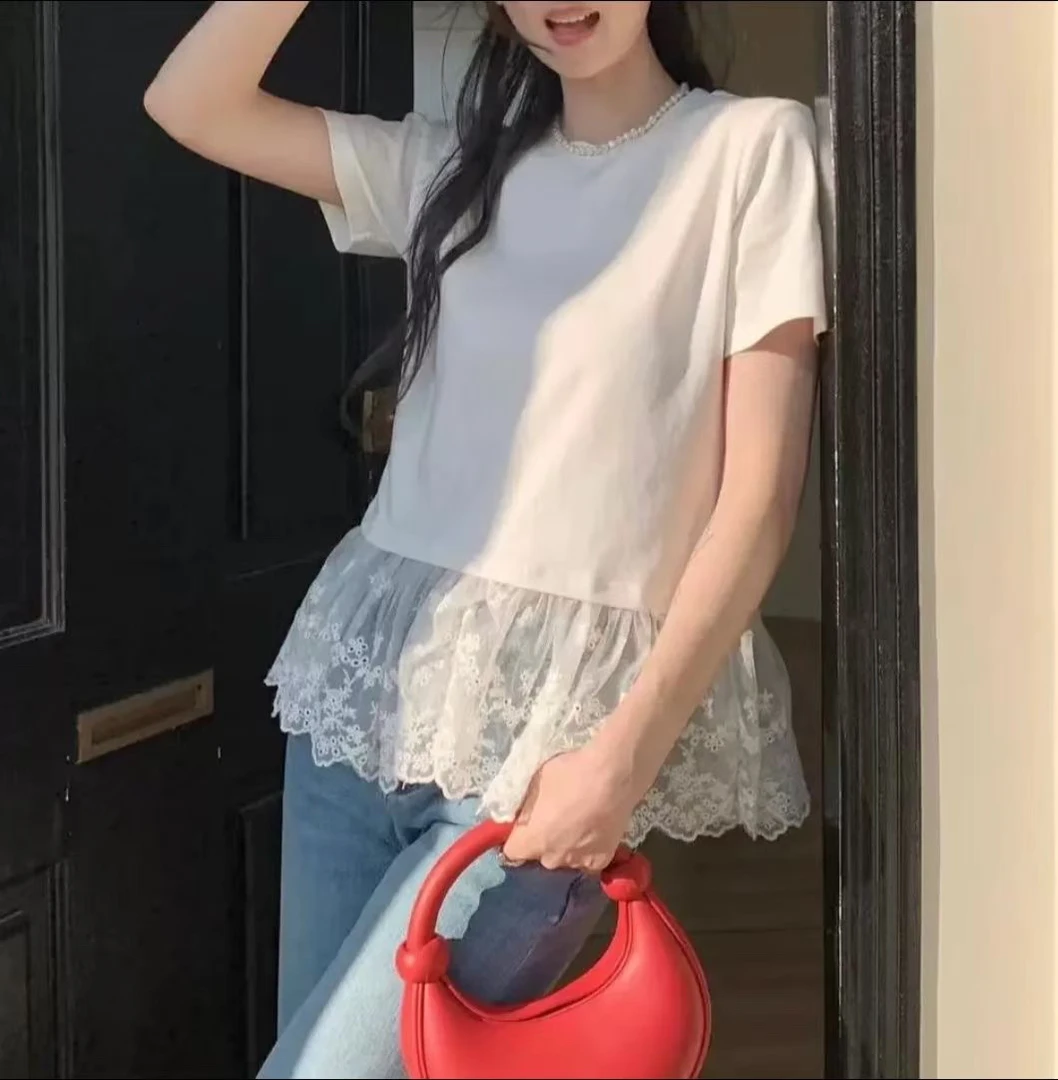 白色纯棉短袖t恤女2025年新款夏季独特绝美小上衣早春蕾丝打底衫