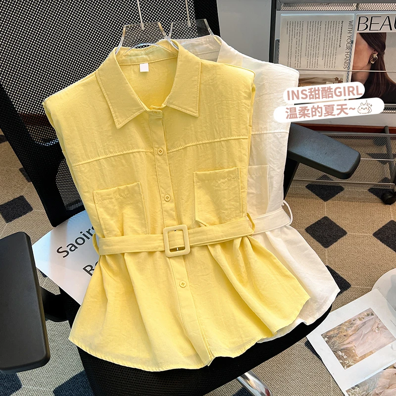 韩系polo领坎肩无袖衬衫女装夏季设计感收腰显瘦别致外穿背心上衣