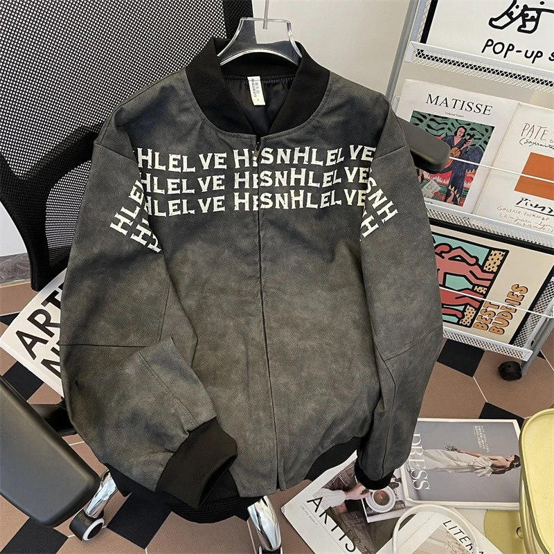 美式街头扎染水洗PU皮夹克男春秋季潮牌高级感印花宽松棒球服皮衣