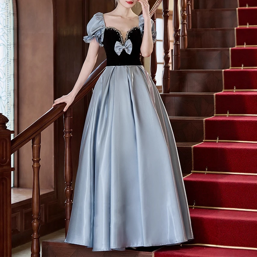 蓝色晚礼服女2025新款高级感缎面高端轻奢小众法式公主裙声乐艺考
