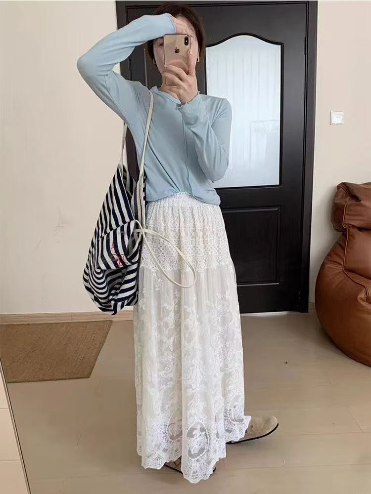 董小姐/新中式白色蕾丝半身裙a字女高腰设计感法式显瘦长裙