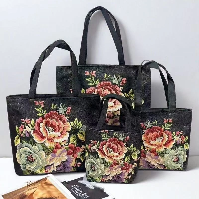 中国风刺绣加金丝线女黑色牡丹花图案高档帆布包通勤单肩包手提包