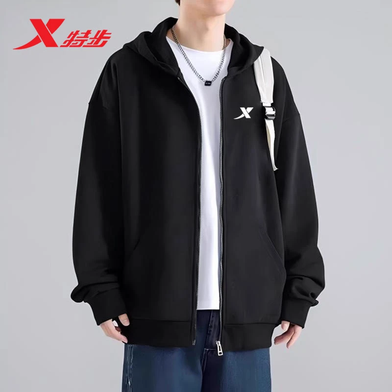 特步男士运动外套连帽休闲上衣户外防风运动服跑步健身服连帽卫衣