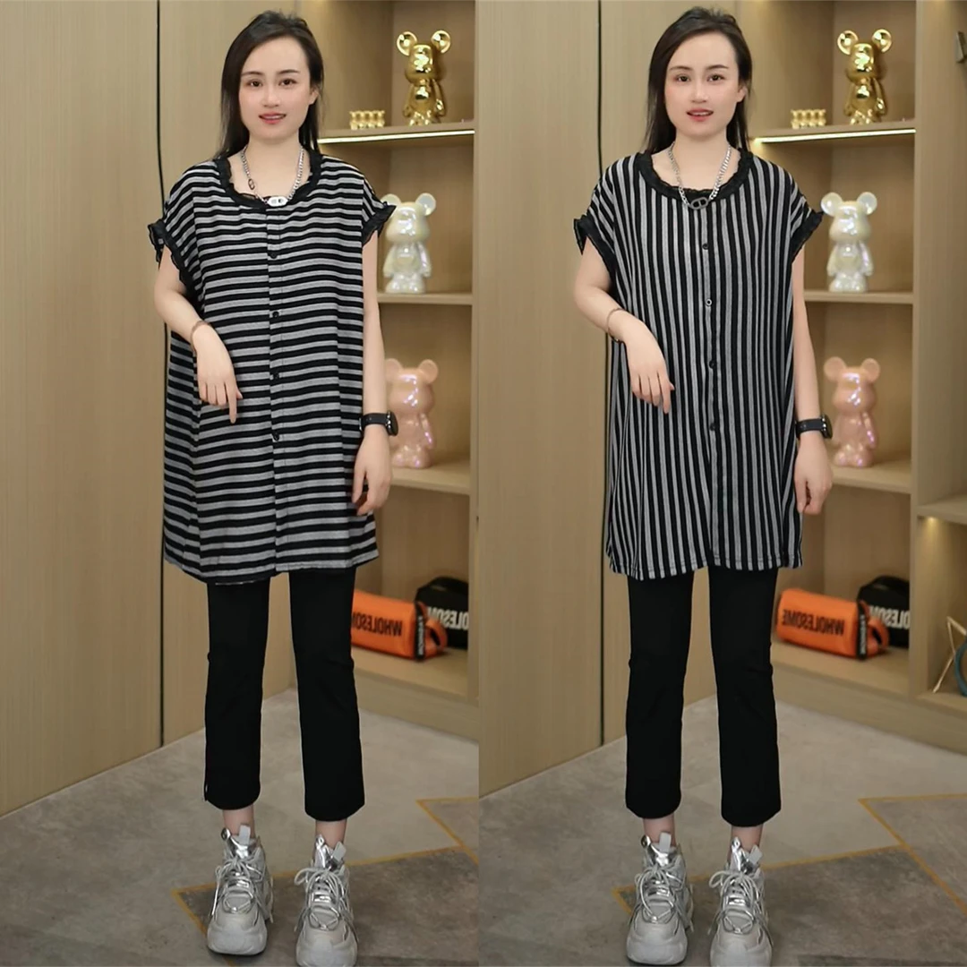 蕾丝条纹拼接短袖韩版洋气休闲圆领T恤显瘦时尚摩斯风