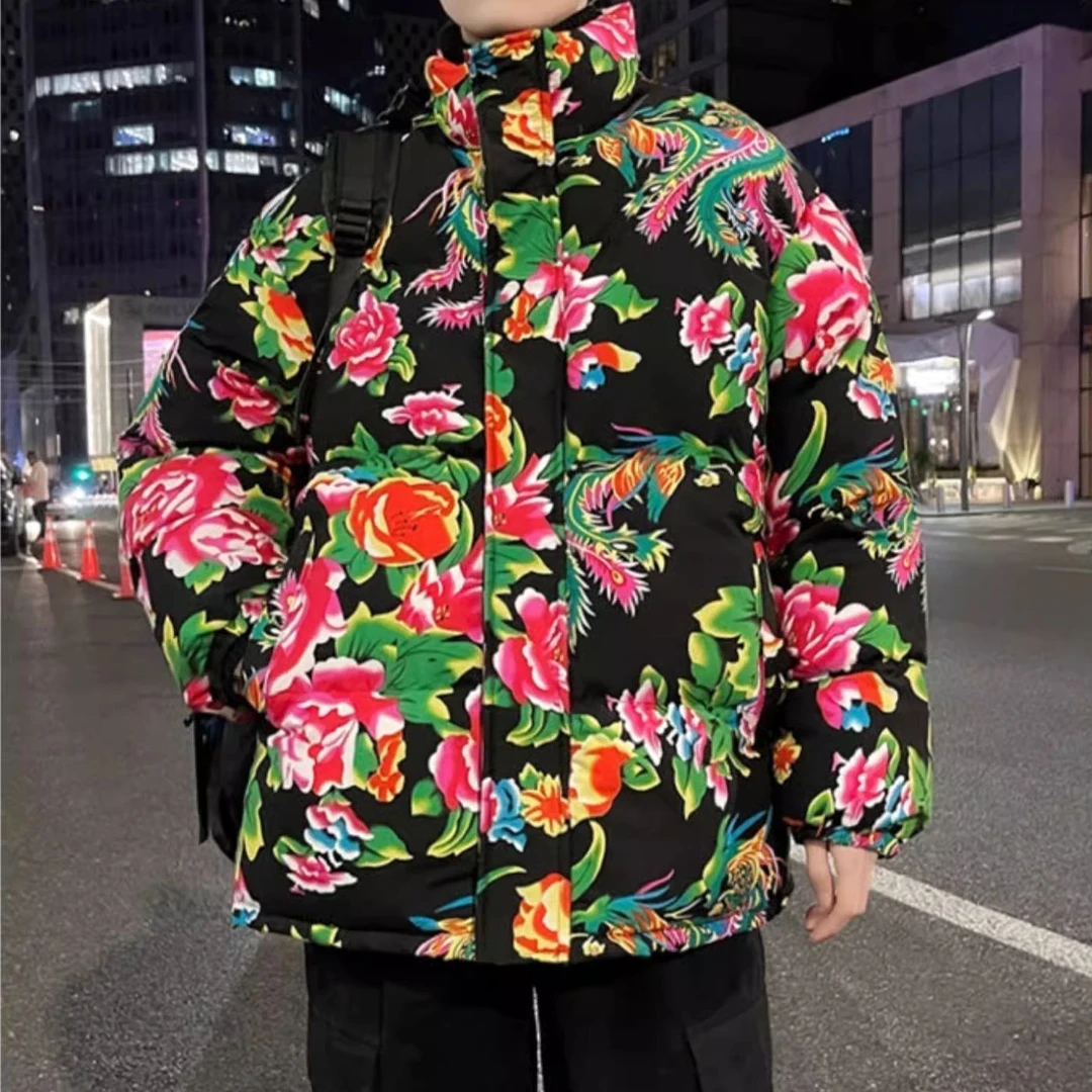东北大花棉袄网红花袄国潮加厚痞帅牡丹花棉衣服冬季保暖棉服休闲
