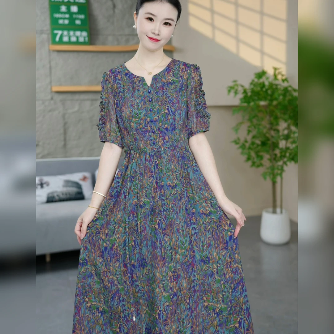 2025新款夏季气质修身收腰显瘦洋气中长款连衣裙短袖时尚妈妈装