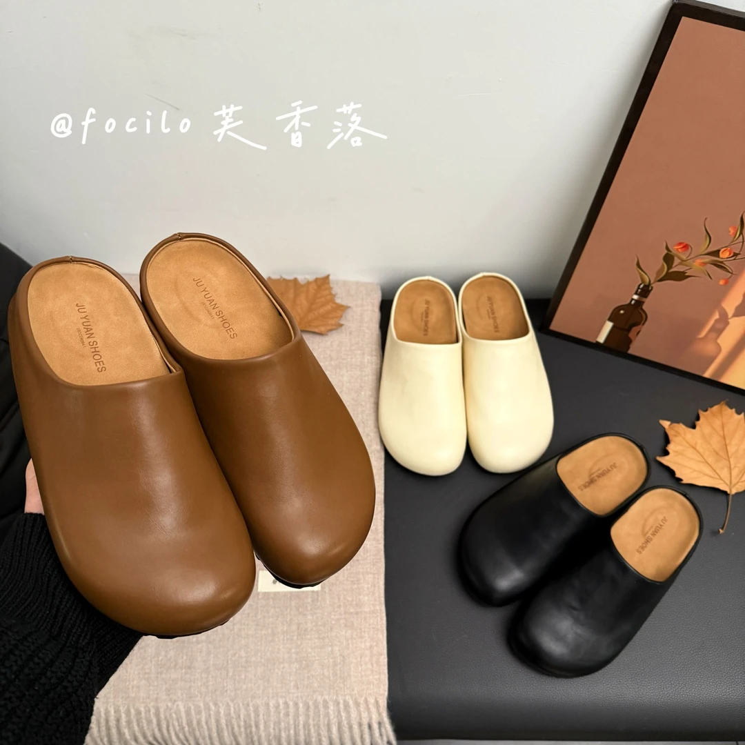 皮面勃肯鞋半拖女外穿2025新款春夏季时尚半托单鞋平底包头凉拖鞋