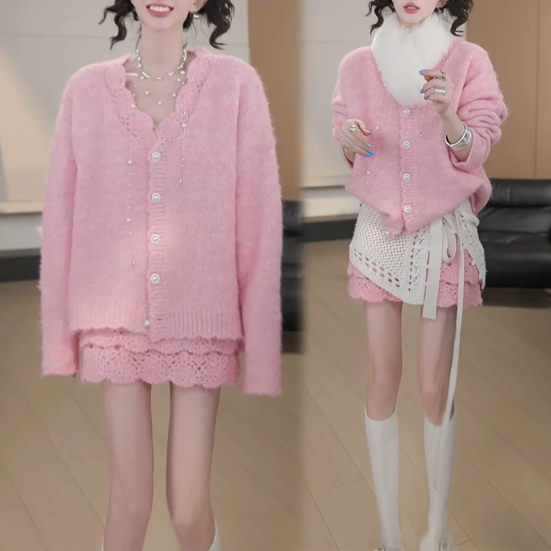 兹伊翰【粉色恋人】花边开衫毛衣高腰短裙两件套女2025冬季新款套装