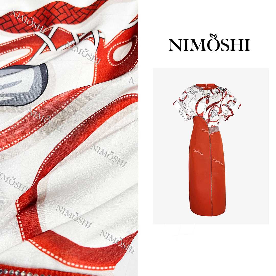 NIMOSHI莎莎夏季新款重工钉珠收腰印花设计气质显瘦连衣裙Q1728