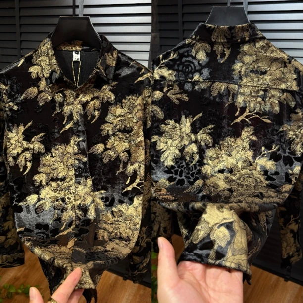 8176欧货男士丝绒提花工艺男士长袖衬衫青春潮流时尚穿搭百搭款