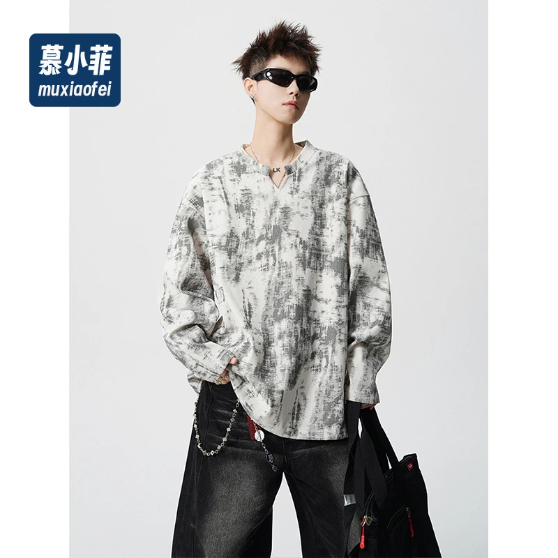 【现货+送运费险】潮牌美式v领长袖t恤秋季百搭卫衣男宽松休闲上衣