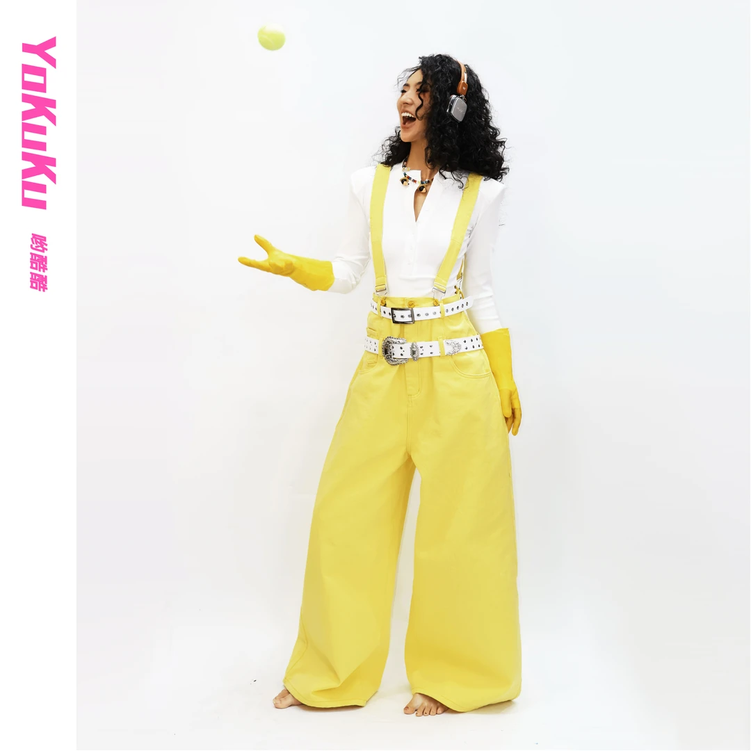 哟酷酷（伦敦鬼马）复古多巴胺可调节背带阔腿斜纹牛仔背带裤长款