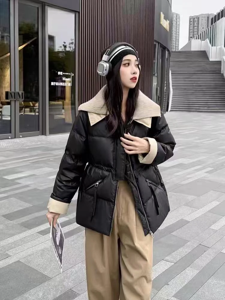 冬款双层大翻领PU皮羽绒中长外套6233