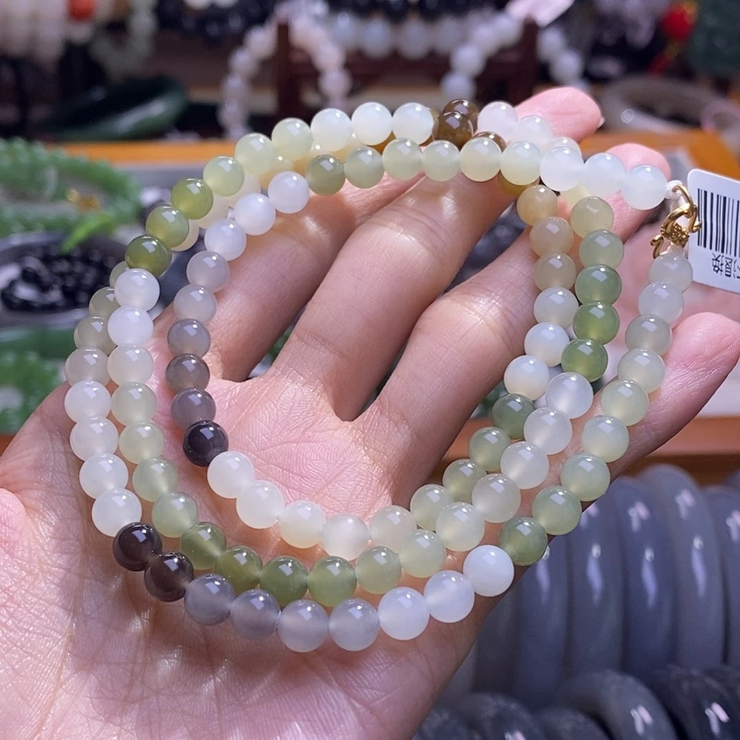 颈饰未镶嵌和田玉多宝银镶项链6MM