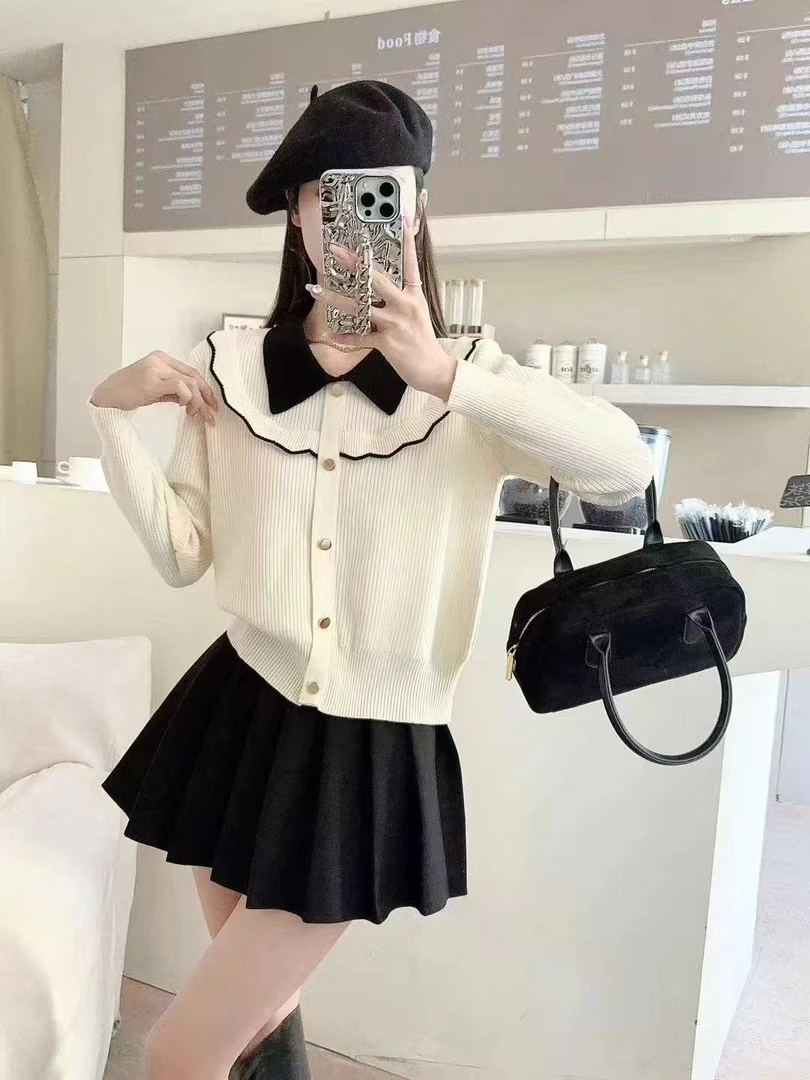 秋冬新款娃娃领撞色套头长袖针织衫减龄百搭针织打底毛衣衫