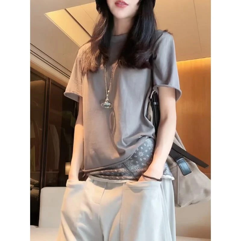 高级感碳灰色卷边短袖t恤女士夏季薄款2025新款半袖上衣爆款体恤