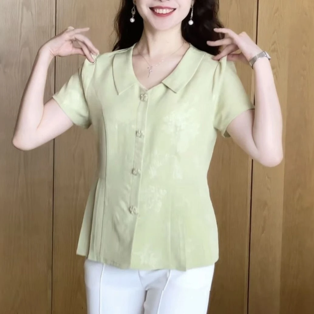 2025夏季短袖衬衫上衣修身显瘦时尚洋气小衫百搭减龄娃娃领妈妈装