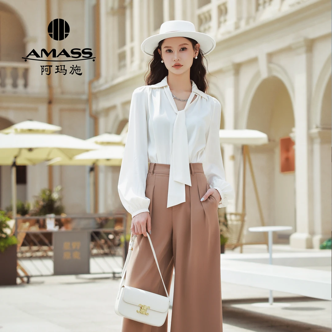 AMASS/阿玛施轻奢气质V领灯笼袖桑蚕丝飘带显瘦长袖衬衫女5300968