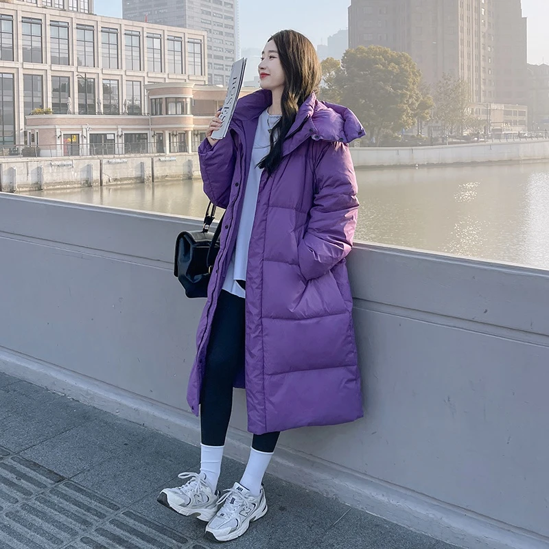 轻薄紫色秋冬保暖白鸭绒收腰加厚长款外套女黑色冬季新款感时尚