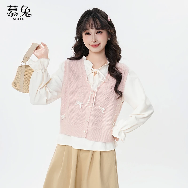 慕兔甜美蝴蝶结针织马甲背心女2025春季新款时尚百搭