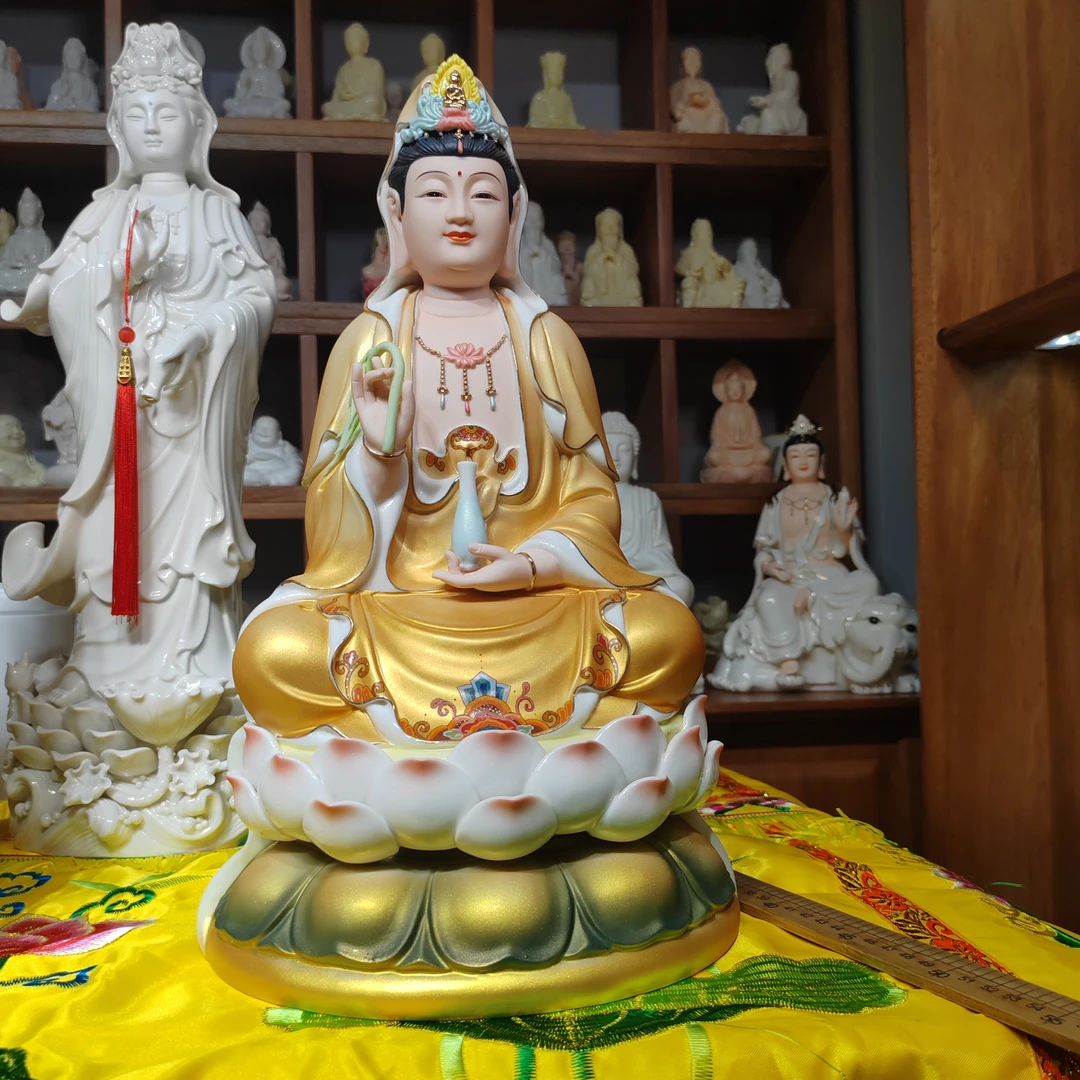 16寸彩绘坐莲观世音菩萨陶瓷摆件家用客厅佛堂装饰工艺品