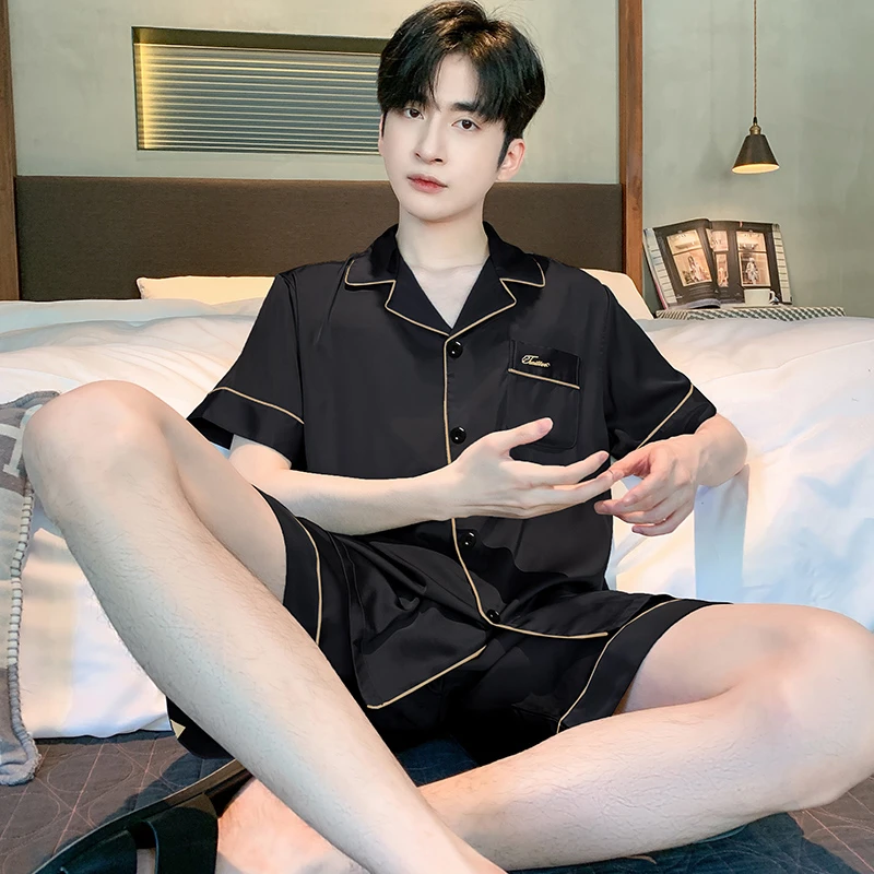 25新款睡衣男士夏季冰丝短袖仿真丝夏天薄款高级感黑色家居服套装
