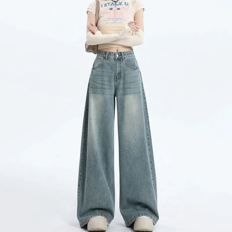 水泥灰阔腿牛仔裤女宽松直筒高腰窄版春秋季秋装垂感爆款拖地长裤
