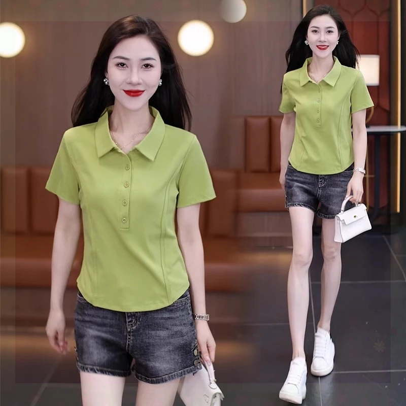 粉色减龄polo领短袖T恤女夏季新款小个子韩版纯色T恤衫时尚上衣