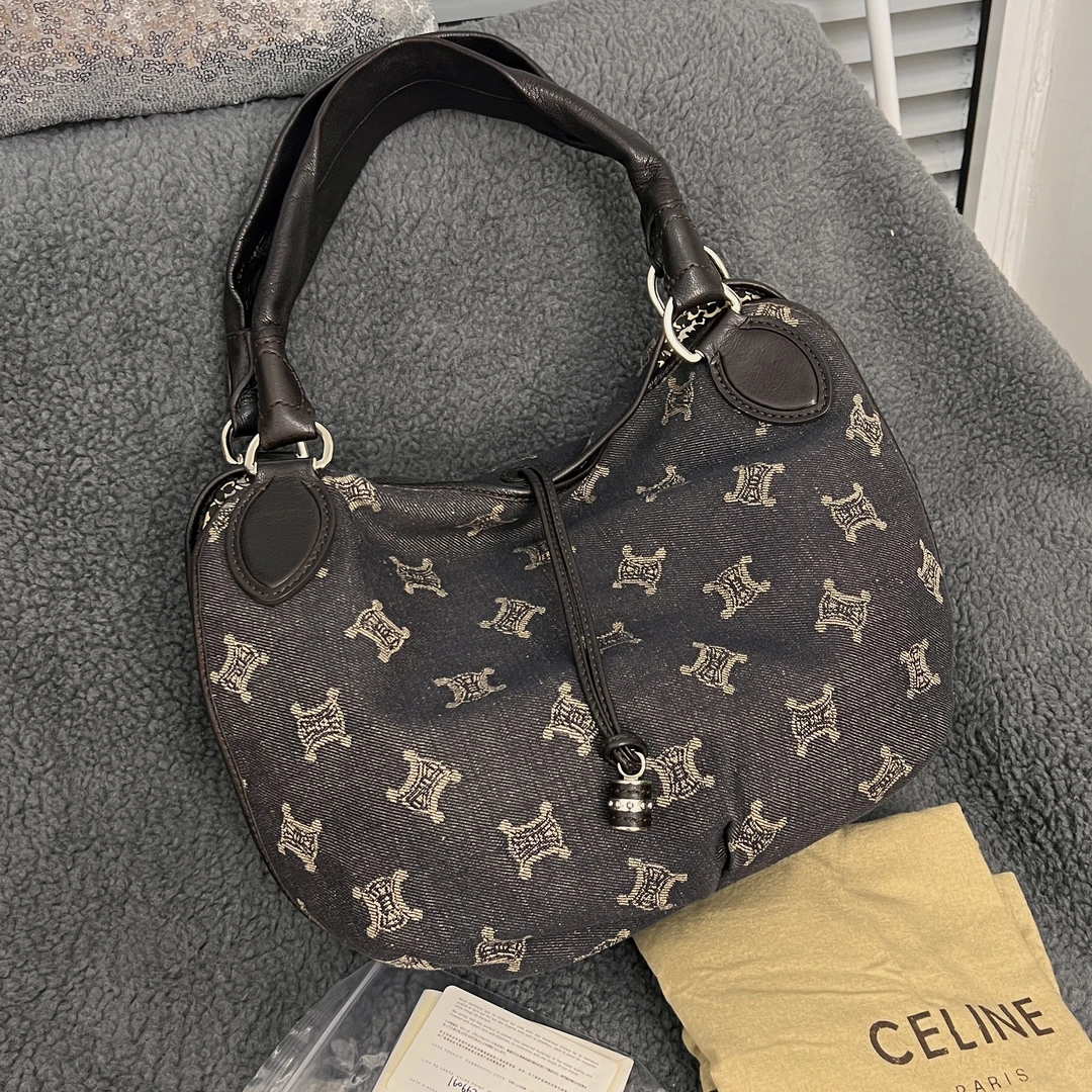 95新 Celine/思琳 深蓝色牛仔布凯旋门老花南瓜托特单肩腋下包
