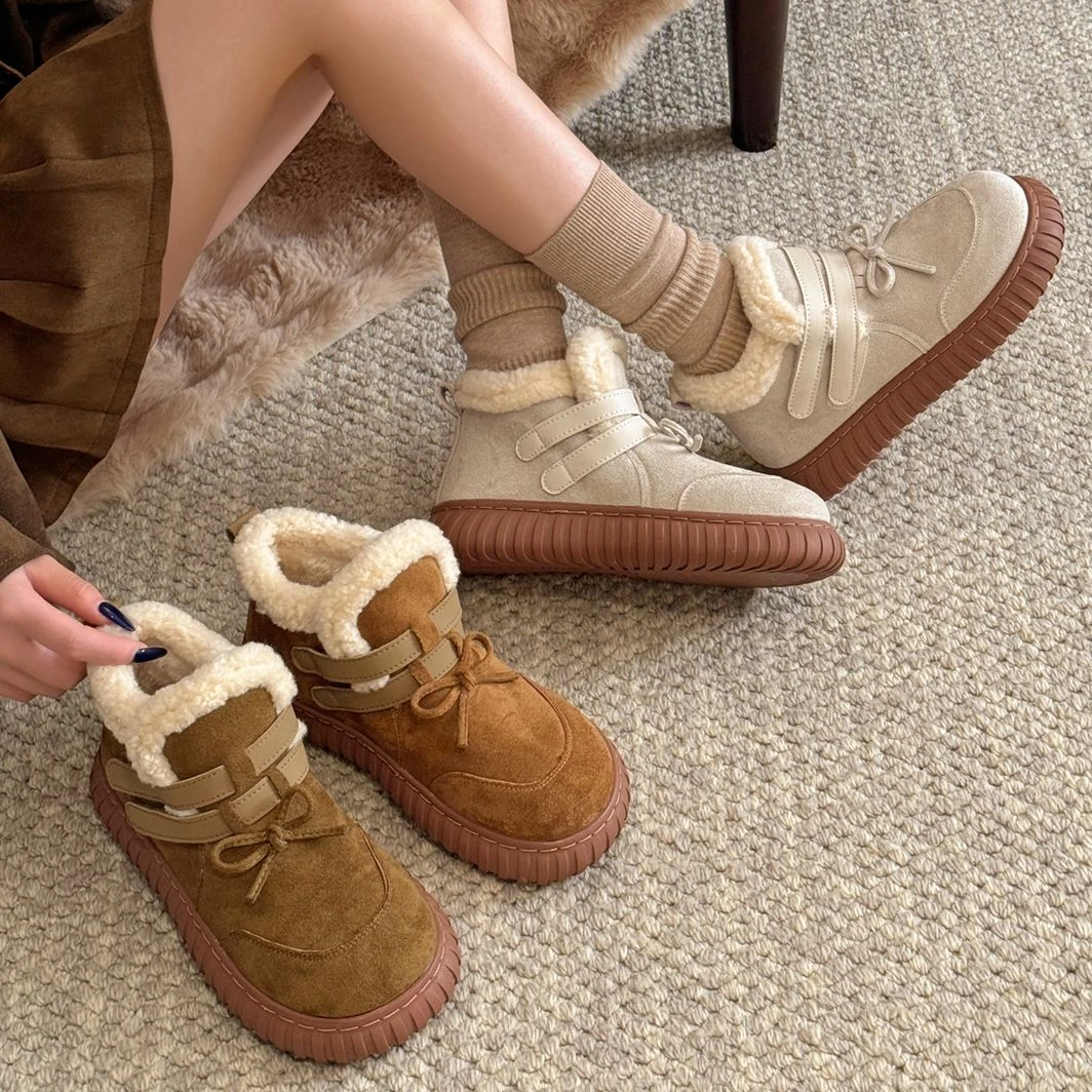 贾不假雪地靴女款2025新款秋季时尚蝴蝶结防寒加绒加厚保暖棉鞋子