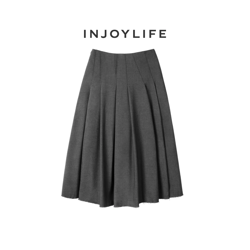 INJOYLIFE结构褶饰半身裙百褶长裙西装女夏季学院风a字裙休闲伞裙