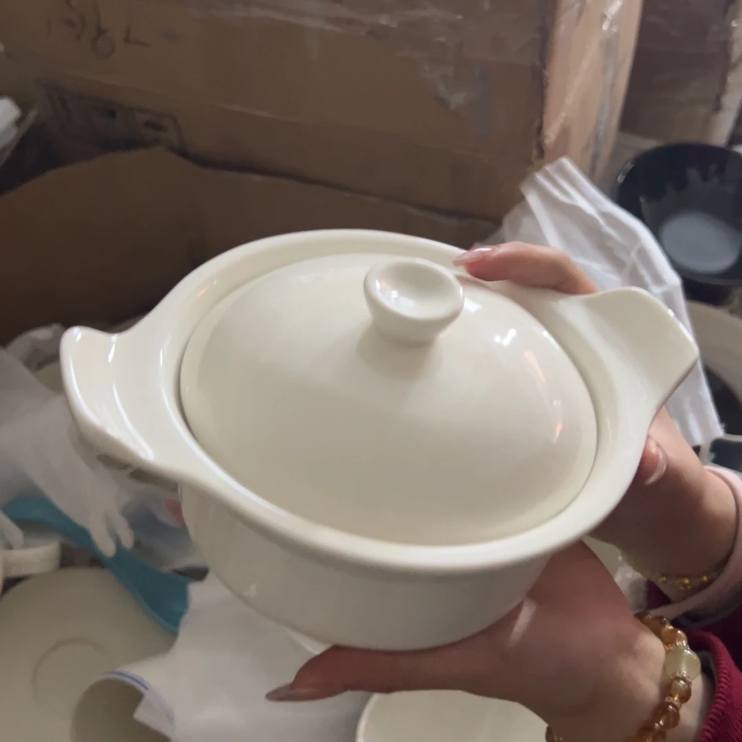 新骨瓷208瑕疵慎拍暖白，双耳8寸 带盖炖盅 内径6寸
